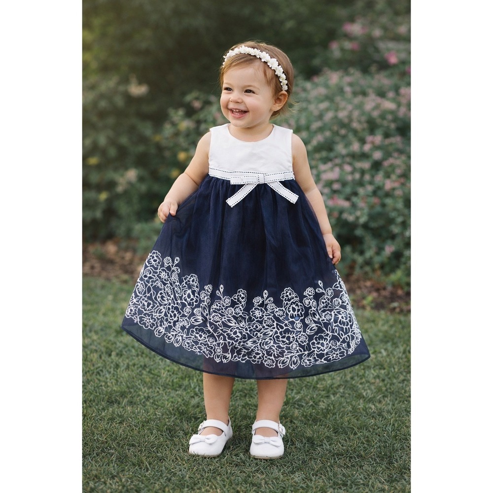 Navy Sheer Embroidered Floral Dress‎ Size 24M Baby Toddler Classic Formal Sweet